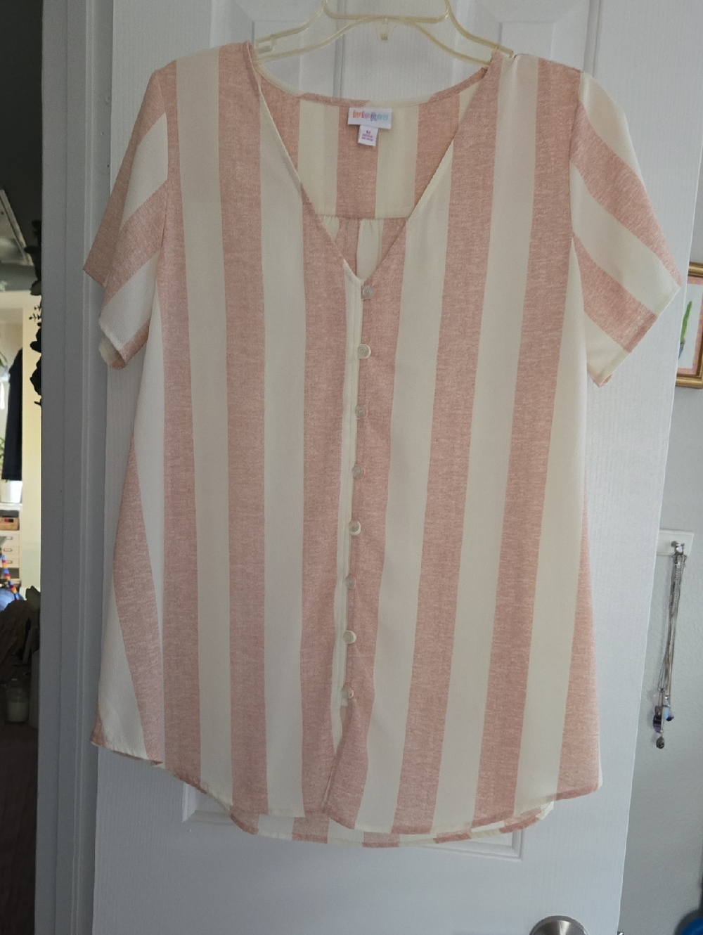 LuLaRoe Blush and Cream Striped Button-Up Top
